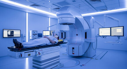 Patient lying on treatment table in radiation therapy room with advanced medical equipment