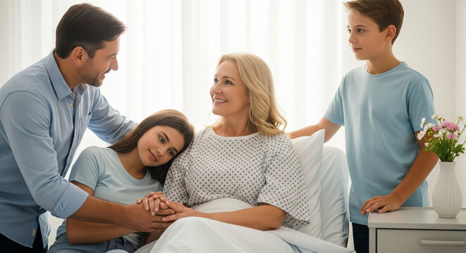 Caring family visits smiling woman in hospital bed, sharing warmth and support together