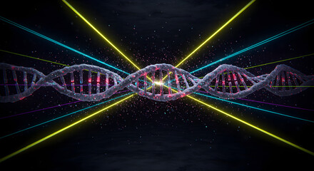 Abstract DNA Double Helix with Glowing Neon Light Beams on Dark Background, Science and Technology Concept