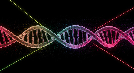 Vibrant Rainbow DNA Double Helix Structure with Abstract Light Beams on Dark Background