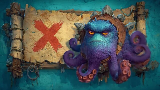 Cartoon octopus on old map