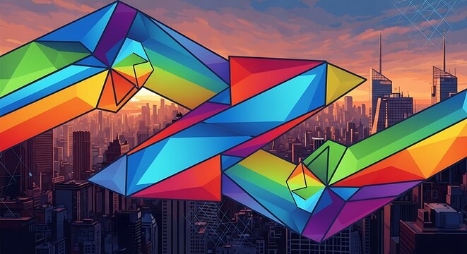 Vibrant rainbow geometric shapes overlaying a futuristic cityscape at sunset create a dynamic modern abstract design