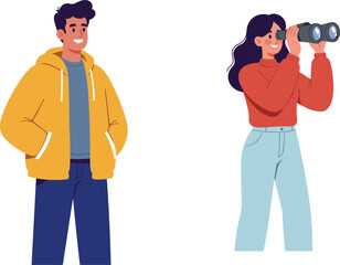 yellow jacket, red sweater, travel couple, outdoor activity, leisure time, lifestyle concept, casual outfit, binocular view, tourism concept, happy friends, standing together, nature exploration