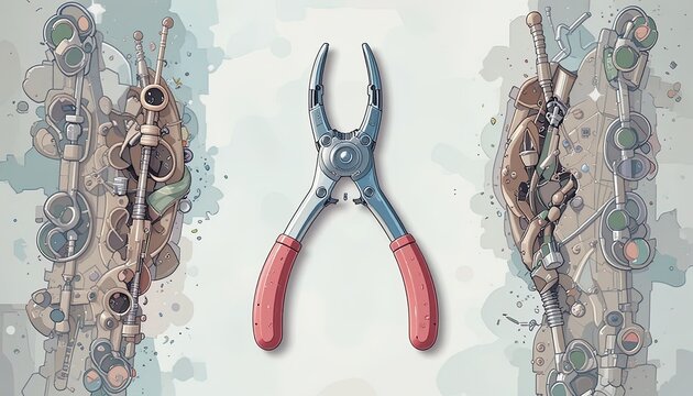 A meticulously detailed illustration showcases a pair of pliers next to a complex, fragmented mechanical structure.