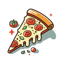 illustration of a pizza slice isolated on white background. pizza with tomato, basil leaf and melted cheese. Flat Vector illustration.
