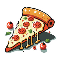 illustration of a pizza slice isolated on white background. pizza with tomato, basil leaf and melted cheese. Flat Vector illustration.