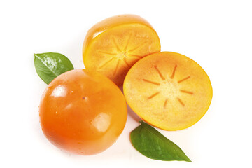 Fresh Shaanxi Persimmons with Star Pattern Cross Section on White Background