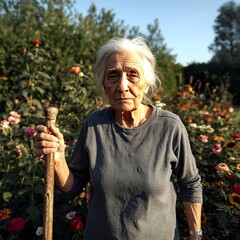 Elderly woman practicing balance exercises using walking stick near garden pathway improving mobility