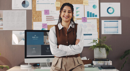 Arms crossed, portrait and business woman in home office for seo specialist, kpi tracking or research analyst. Growth chart, performance report or online campaign with person in house for remote work