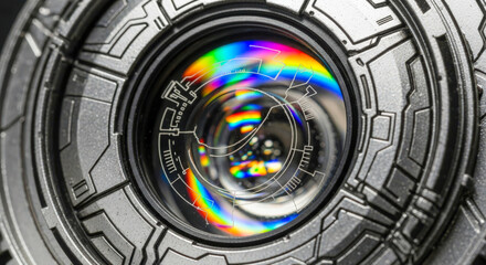 Futuristic macro lens with rainbow reflections, technology abstract concept.