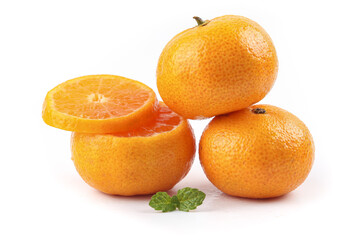 Fresh Orange Citrus Fruits Sliced with Mint Leaves on White Background