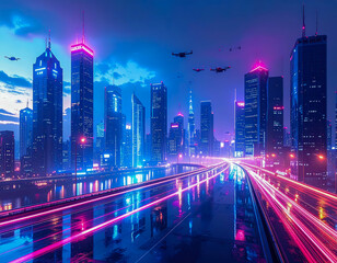Futuristic cyberpunk city at night with neon lights and tall skyscrapers.