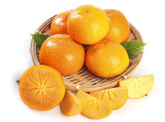 Fresh Persimmons from Bupyeong in Wicker Basket on White Background