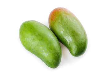 Fresh Green Mangoes with Water Droplets on White Background