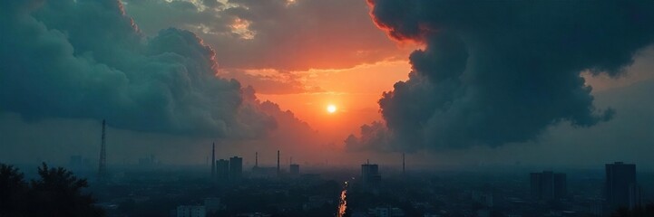 Obraz premium Dark, ominous clouds heavy with pollution hang low in the sky, obscuring the sun, a bleak and polluted atmosphere , environmental damage, smoke