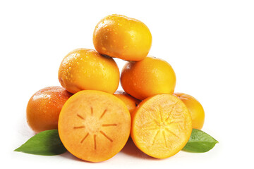 Fresh Persimmons with Cross-Section Detail on White Background - Healthy Organic Fruit