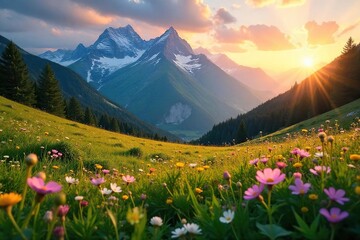 Serene meadow nestled amidst a majestic mountain range, wildflowers in bloom, bathed in the golden light of sunset  A breathtaking landscape of natural beauty ,  nature,  wilderness