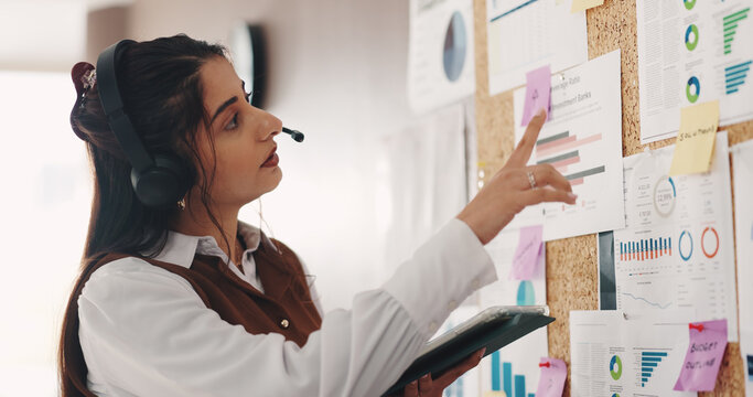 Headset, tablet and documents with woman in home office for financial advisor, investment graph and agent. Remote worker, virtual consultant and account charts with person and research on board