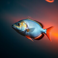 Naklejka premium Detailed illustration of a solitary blue fish with orange fins swimming in dark water with subtle red light
