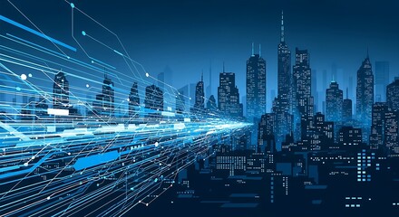 Dynamic blue city skyline with futuristic data stream creates powerful high tech visuals for modern business and technology needs