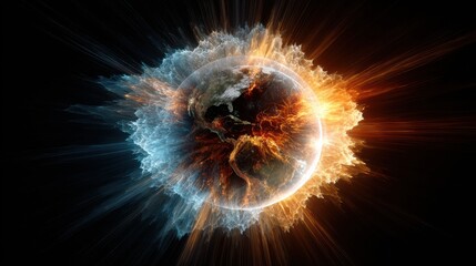 Vibrant Earth Surrounded by Fiery and Icy Flames Representing Climate Change and Natural Forces in Stunning Visual Contrast