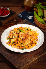 Homemade Fried Bean Sprouts and Vermicelli Noodle Stir-Fry on Wooden Table