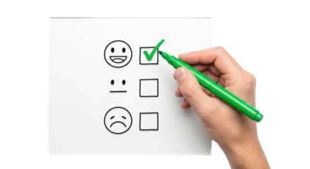 A fair-skinned hand holding a green marker, checking a happy emoticon next to neutral & sad faces on a transparent surface with a transparent background, concept of positive feedback