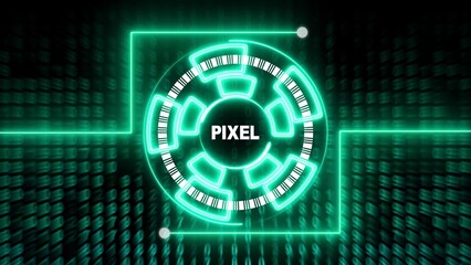 Green Neon Circular Interface with Pixel Text and Binary Code Background technology futuristic
