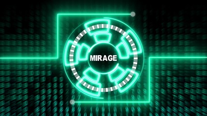 Green Neon Circular Interface with Binary Code Background and MIRAGE Text technology futuristic
