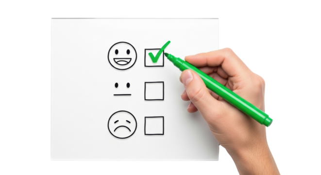 A fair-skinned hand holding a green marker, checking a happy emoticon next to neutral & sad faces on a transparent surface with a transparent background, concept of positive feedback