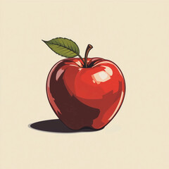 A shiny red apple with a green leaf on a light background.