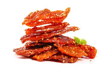 Honey Glazed Seafood Jerky Strips with Sesame Seeds on White Background