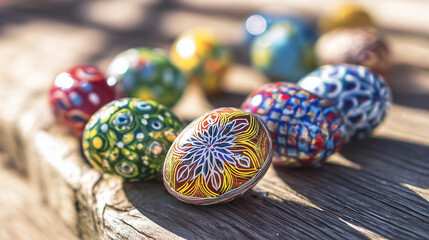 Vibrant Easter eggs arranged on a rustic wooden surface, capturing festive joy and natural warmth.