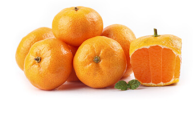 Fresh Guangxi Oranges with Peeled Fruit Showing Sweet Juicy Segments on White Background