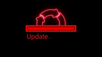Red neon update progress bar with circular arrows on black background updating loading