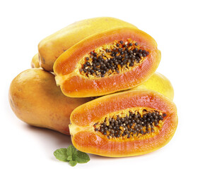 Fresh Papaya Fruit Cut in Half with Seeds on White Background