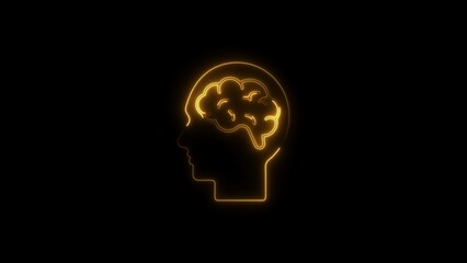 Yellow Neon Outline Human Head Silhouette with Brain Inside on Black Background image photo