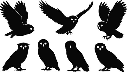 Owl silhouettes in flight and perched, bird of prey vector set, night animal illustration, wildlife symbol, forest bird design