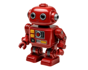 Red toy robot plastic model collectible retro style mechanical DIY kit isolated shiny finish playful futuristic design