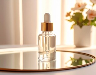 Clear serum bottle on mirror surface reflecting warm sunlight, clean beauty concept