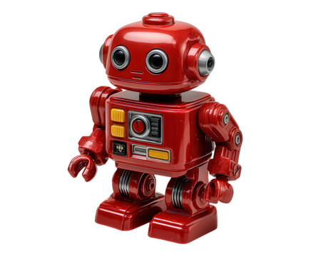 Red toy robot plastic model collectible retro style mechanical DIY kit isolated shiny finish playful futuristic design