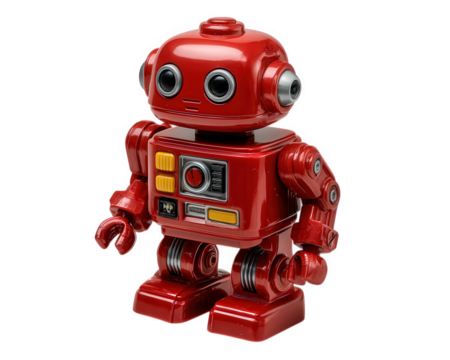 Red toy robot plastic model collectible retro style mechanical DIY kit isolated shiny finish playful futuristic design