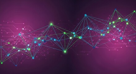 Stunning modern network of connected nodes for science, technology, and business innovation with vibrant colors on purple background