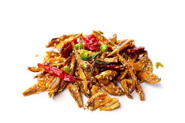 Crispy fried anchovies with sesame, dried chili, green peas, and herbs on white background.