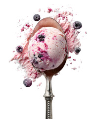 Scoop of pink berry ice cream on a spoon, surrounded by splashes of the same © Arty