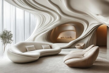 Grey sofa and beige armchairs in spacious luxury room with abstract curved wavy paneling walls and ceiling. Minimalist home interior design of modern living room, Generative AI