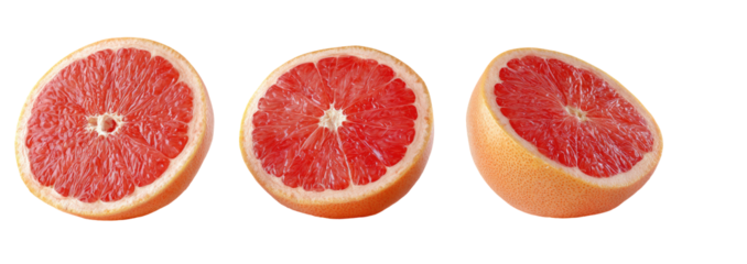 Three slices of a vibrant red grapefruit, showcasing the juicy interior