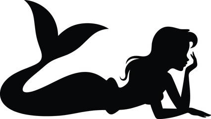 Silhouette of a beautiful mermaid laying down with long hair, fantasy sea creature, vector illustration for magical underwater themes