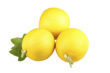 Fresh Yellow Honeydew Melons with Mint Leaves Isolated on White Background