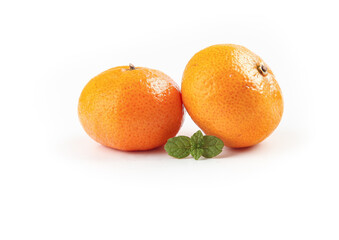 Fresh Small Guangxi Tangerines with Mint Leaf on White Background